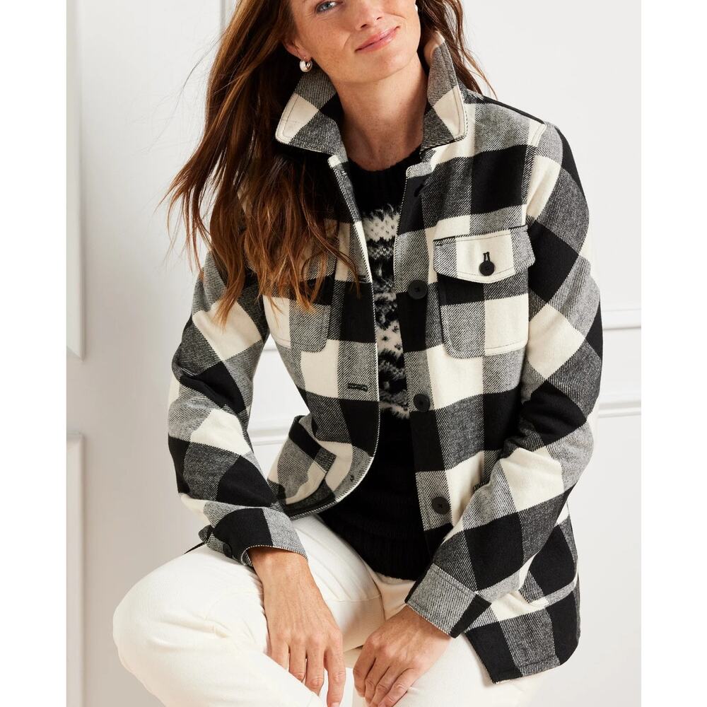 Talbots Belle Check Long Sleeve Button Up Shirt Jacket White Black Medium
